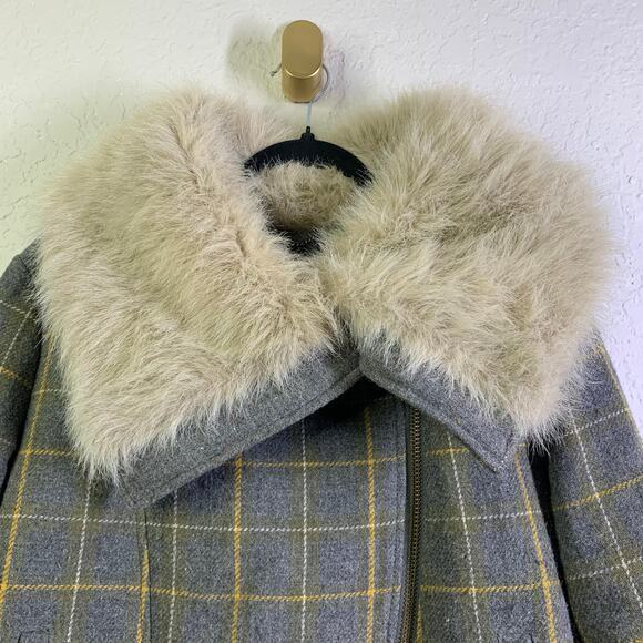 BANANA REPUBLIC Coat Jacket Moto Plaid Faux Fur‎ Collar Tweed Zip Cuffs - Picture 5 of 15